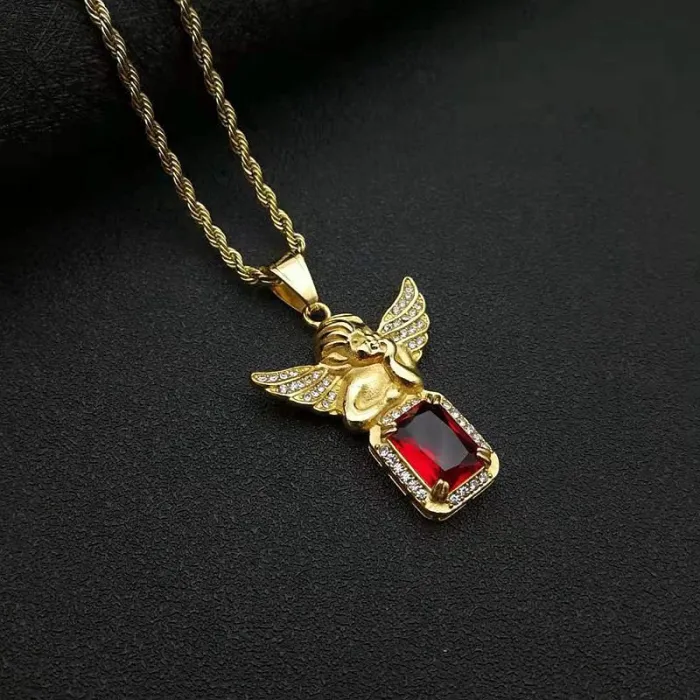Wholesale Hip Hop Angel Pendant Necklace | Titanium Steel Gold Plated Multi-Color Gem Bulk Supplier & Factory Price