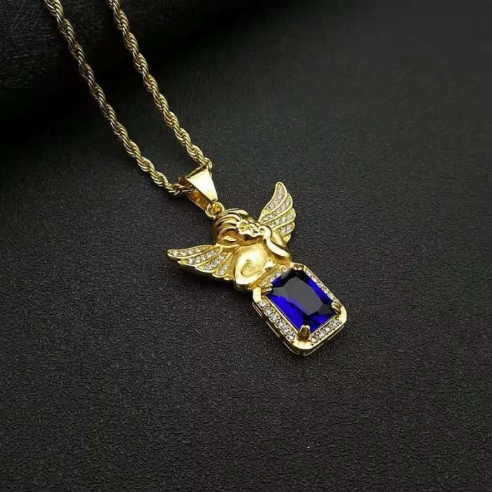Wholesale Hip Hop Angel Pendant Necklace | Titanium Steel Gold Plated Multi-Color Gem Bulk Supplier & Factory Price
