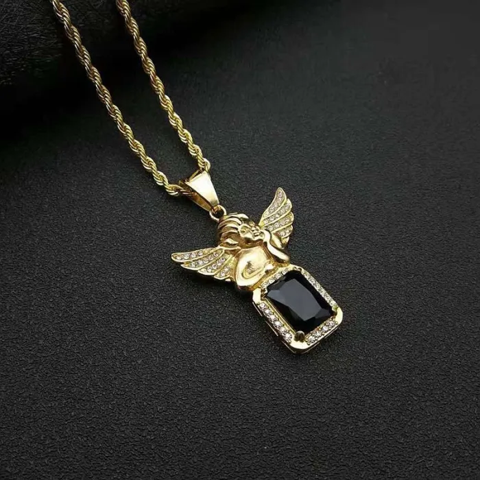 Wholesale Hip Hop Angel Pendant Necklace | Titanium Steel Gold Plated Multi-Color Gem Bulk Supplier & Factory Price