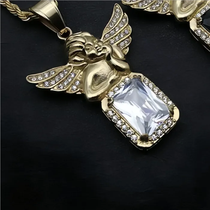 Wholesale Hip Hop Angel Pendant Necklace | Titanium Steel Gold Plated Multi-Color Gem Bulk Supplier & Factory Price