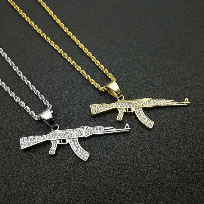 Wholesale Hip Hop AK47 Rifle Pendant Necklace | Titanium Steel Gold Plated CZ Bulk Supplier & Factory Price
