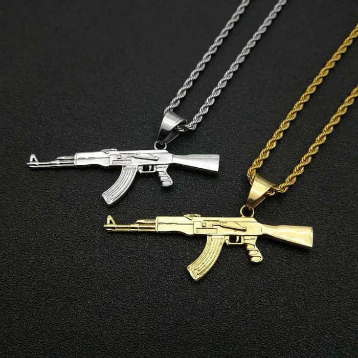 Wholesale Hip Hop AK47 Rifle Pendant Necklace | Titanium Steel Gold Plated CZ Bulk Supplier & Factory Price