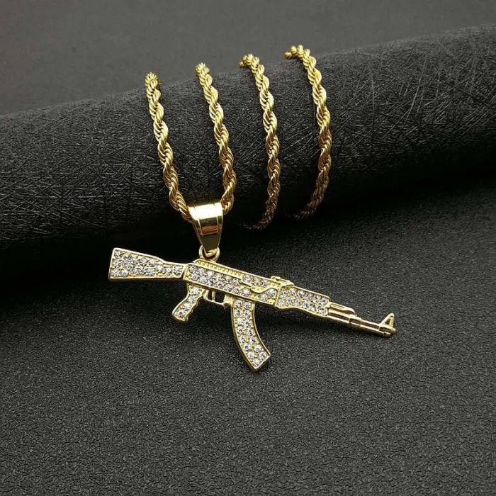 Wholesale Hip Hop AK47 Rifle Pendant Necklace | Titanium Steel Gold Plated CZ Bulk Supplier & Factory Price