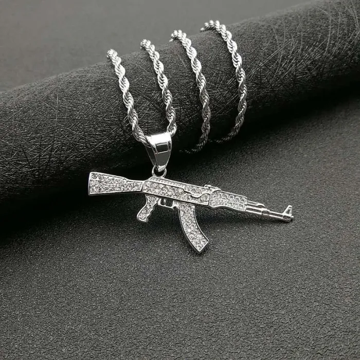 Wholesale Hip Hop AK47 Rifle Pendant Necklace | Titanium Steel Gold Plated CZ Bulk Supplier & Factory Price