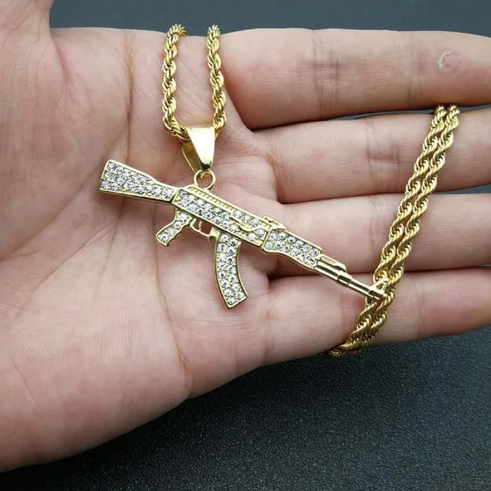 Wholesale Hip Hop AK47 Rifle Pendant Necklace | Titanium Steel Gold Plated CZ Bulk Supplier & Factory Price