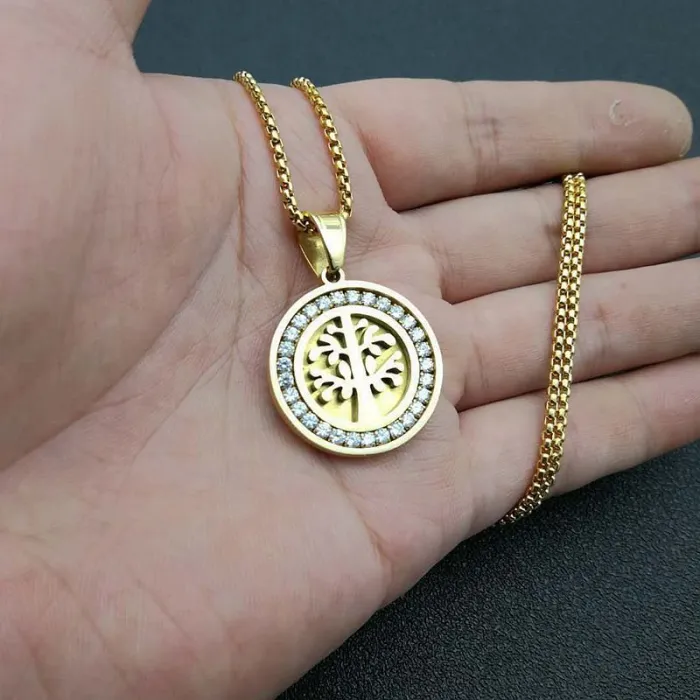 Wholesale Hip Hop Tree of Life Pendant Necklace | Titanium Steel Gold Plated AAA CZ Bulk Supplier & Factory Price