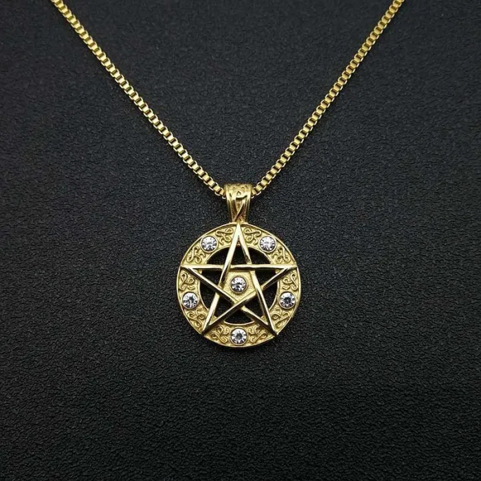 Wholesale Hip Hop Pentagram Pendant Necklace | Titanium Steel Gold Plated CZ Bulk Supplier & Factory Price