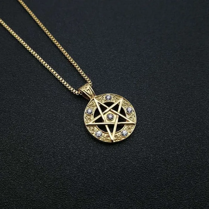 Wholesale Hip Hop Pentagram Pendant Necklace | Titanium Steel Gold Plated CZ Bulk Supplier & Factory Price