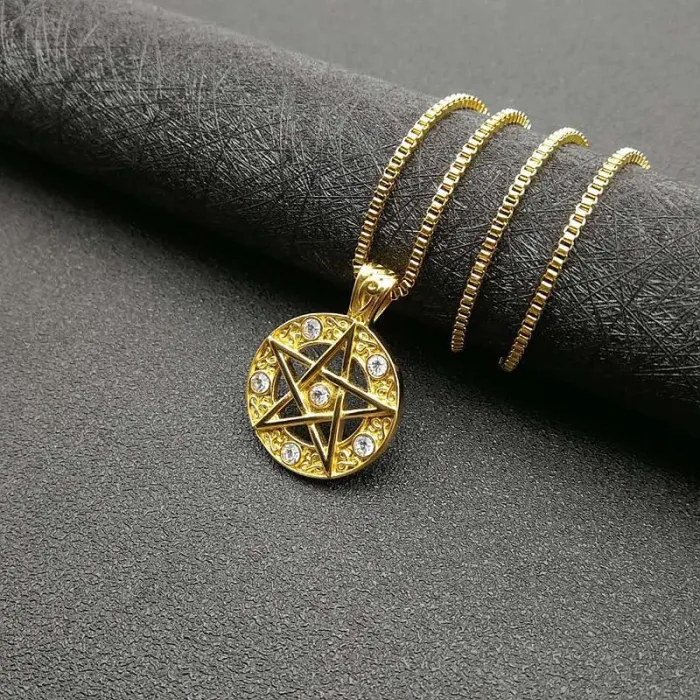 Wholesale Hip Hop Pentagram Pendant Necklace | Titanium Steel Gold Plated CZ Bulk Supplier & Factory Price