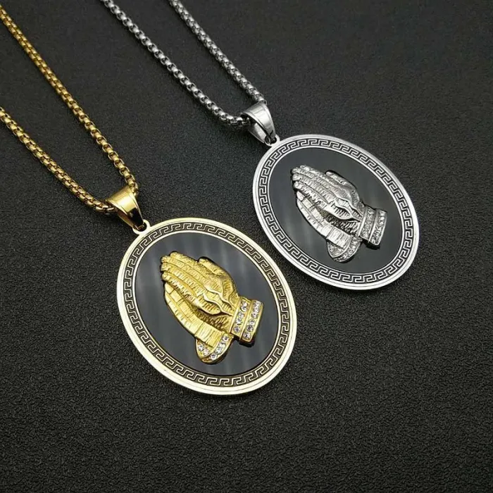 Wholesale Hip Hop Prayer Hands Pendant Necklace | Titanium Steel Gold Plated Acrylic CZ Bulk Supplier & Factory Price