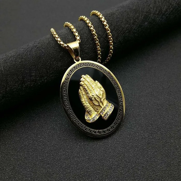 Wholesale Hip Hop Prayer Hands Pendant Necklace | Titanium Steel Gold Plated Acrylic CZ Bulk Supplier & Factory Price