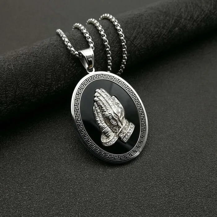 Wholesale Hip Hop Prayer Hands Pendant Necklace | Titanium Steel Gold Plated Acrylic CZ Bulk Supplier & Factory Price