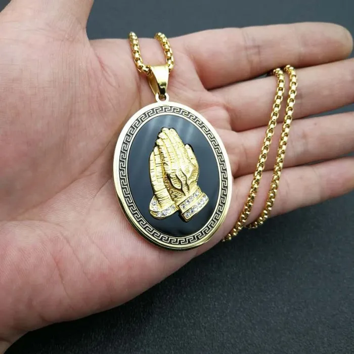 Wholesale Hip Hop Prayer Hands Pendant Necklace | Titanium Steel Gold Plated Acrylic CZ Bulk Supplier & Factory Price