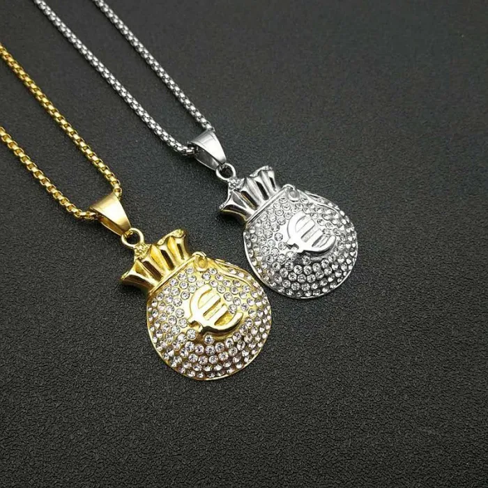 Wholesale Hip Hop Euro Money Bag Pendant Necklace | Stainless Steel Gold Plated CZ Bulk Supplier & Factory Price