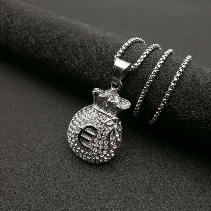 Wholesale Hip Hop Euro Money Bag Pendant Necklace | Stainless Steel Gold Plated CZ Bulk Supplier & Factory Price