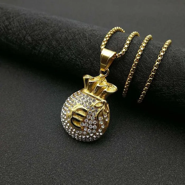 Wholesale Hip Hop Euro Money Bag Pendant Necklace | Stainless Steel Gold Plated CZ Bulk Supplier & Factory Price