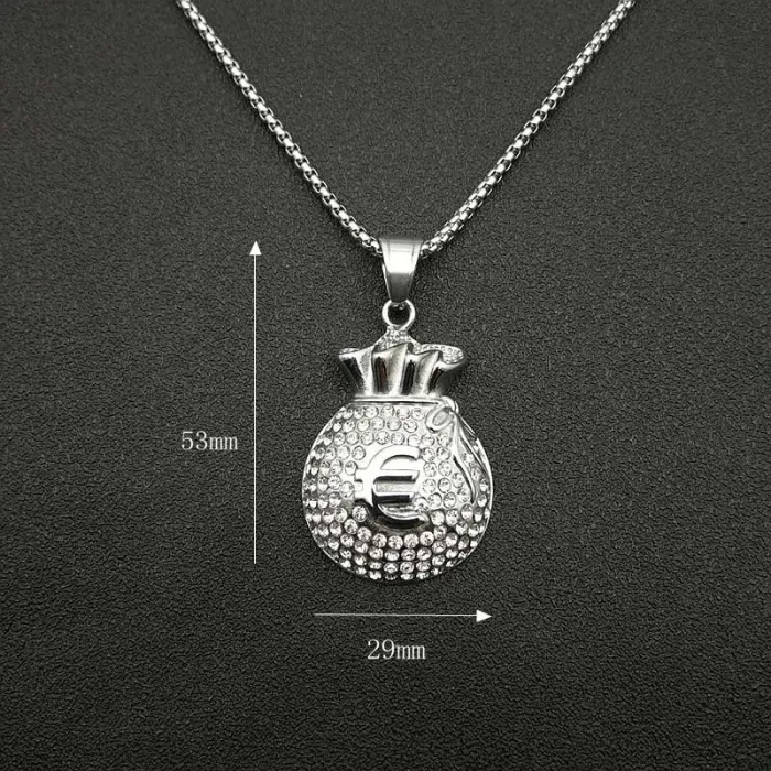 Wholesale Hip Hop Euro Money Bag Pendant Necklace | Stainless Steel Gold Plated CZ Bulk Supplier & Factory Price