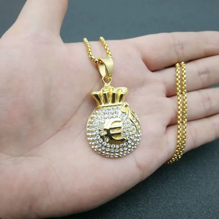 Wholesale Hip Hop Euro Money Bag Pendant Necklace | Stainless Steel Gold Plated CZ Bulk Supplier & Factory Price