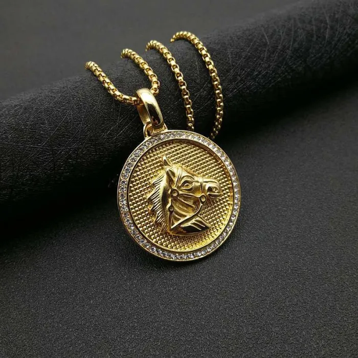 Wholesale Hip Hop Horse Head Pendant Necklace | Stainless Steel Gold Plated CZ Bulk Supplier & Factory Price