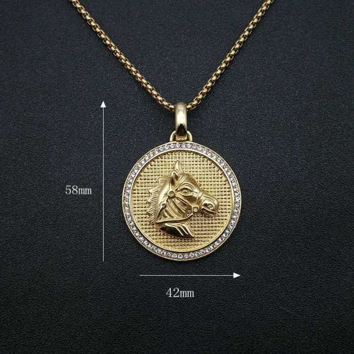Wholesale Hip Hop Horse Head Pendant Necklace | Stainless Steel Gold Plated CZ Bulk Supplier & Factory Price