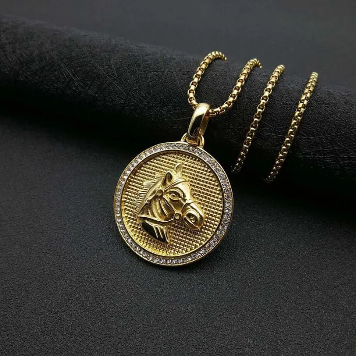 Wholesale Hip Hop Horse Head Pendant Necklace | Stainless Steel Gold Plated CZ Bulk Supplier & Factory Price