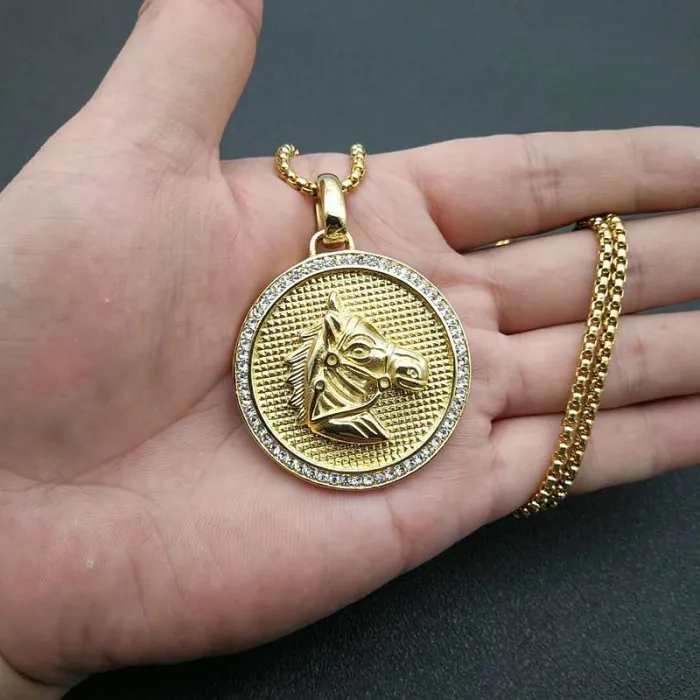 Wholesale Hip Hop Horse Head Pendant Necklace | Stainless Steel Gold Plated CZ Bulk Supplier & Factory Price