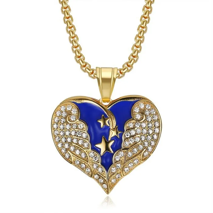 Wholesale Hip Hop Heart Wing Star Pendant Necklace | Titanium Steel Gold Plated Blue CZ Bulk Supplier & Factory Price