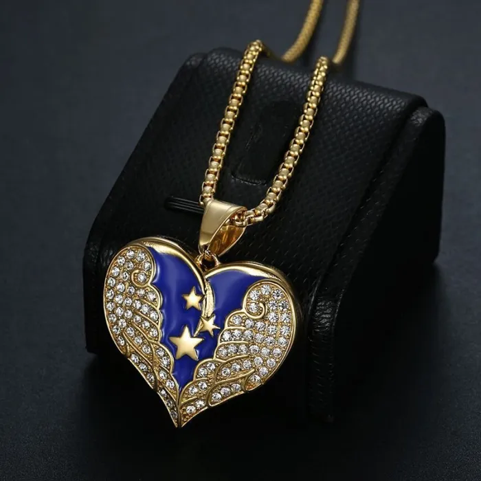 Wholesale Hip Hop Heart Wing Star Pendant Necklace | Titanium Steel Gold Plated Blue CZ Bulk Supplier & Factory Price
