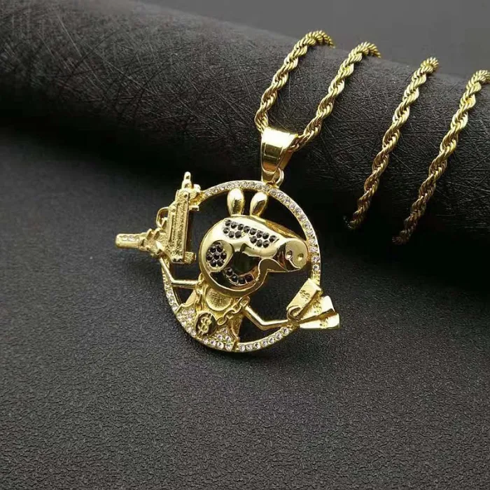 Wholesale Hip Hop Crazy Pig Pendant Necklace | Stainless Steel Gold Plated CZ Bulk Supplier & Factory Price