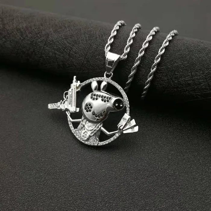 Wholesale Hip Hop Crazy Pig Pendant Necklace | Stainless Steel Gold Plated CZ Bulk Supplier & Factory Price