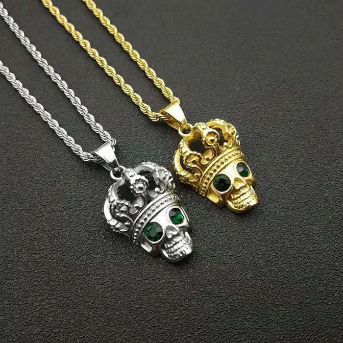 Wholesale Skull King Pendant Necklace | 316 Stainless Steel Gold Plated Green Eye Crown Bulk Supplier & Factory Price