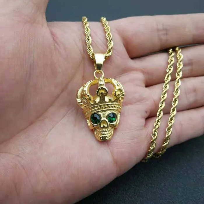 Wholesale Skull King Pendant Necklace | 316 Stainless Steel Gold Plated Green Eye Crown Bulk Supplier & Factory Price