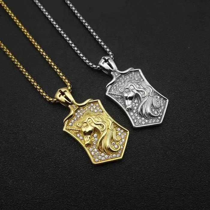 Wholesale Hip Hop Unicorn Horse Head Pendant Necklace | Titanium Steel Gold Plated CZ Bulk Supplier & Factory Price