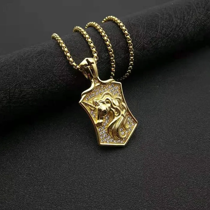 Wholesale Hip Hop Unicorn Horse Head Pendant Necklace | Titanium Steel Gold Plated CZ Bulk Supplier & Factory Price