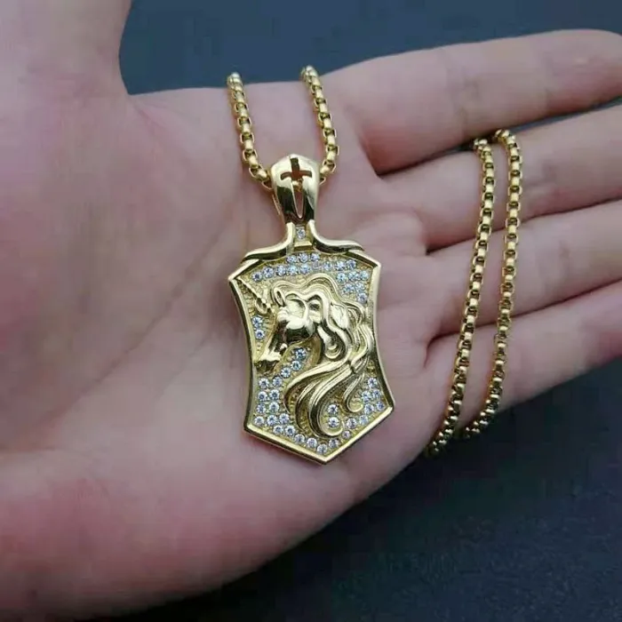 Wholesale Hip Hop Unicorn Horse Head Pendant Necklace | Titanium Steel Gold Plated CZ Bulk Supplier & Factory Price