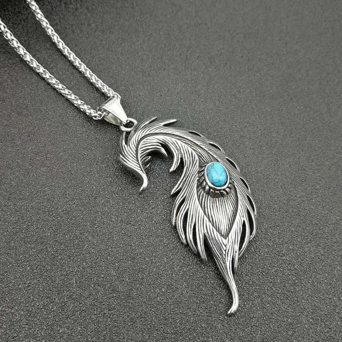 Wholesale Polished Titanium Steel Turquoise Feather Pendant Necklace – Bulk Supplier Factory Price