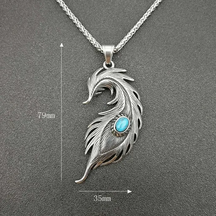 Wholesale Polished Titanium Steel Turquoise Feather Pendant Necklace – Bulk Supplier Factory Price