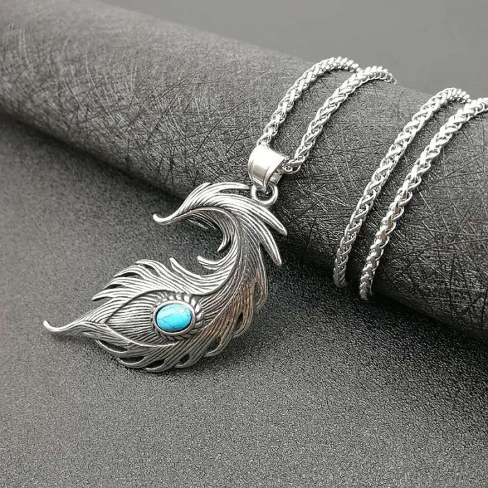Wholesale Polished Titanium Steel Turquoise Feather Pendant Necklace – Bulk Supplier Factory Price