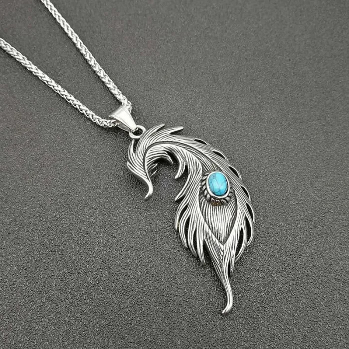 Wholesale Polished Titanium Steel Turquoise Feather Pendant Necklace – Bulk Supplier Factory Price