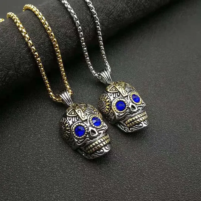 Wholesale Gold Plated Stainless Steel Skull Head Necklace with Blue Eyes – Halloween Jewelry Bulk Supplier Factory Price