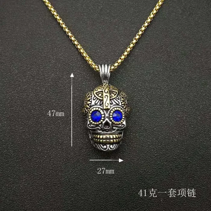 Wholesale Gold Plated Stainless Steel Skull Head Necklace with Blue Eyes – Halloween Jewelry Bulk Supplier Factory Price