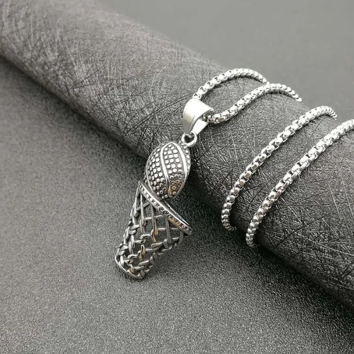 Wholesale Polished Titanium Steel Basketball Hoop Pendant Necklace – Sports Jewelry Bulk Supplier Factory Price