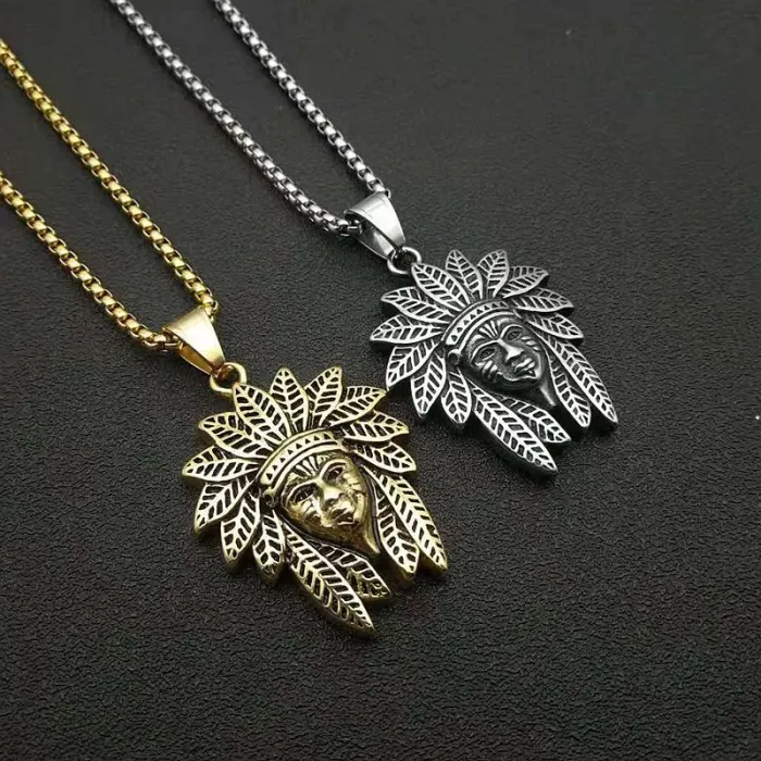 Wholesale Gold Plated Titanium Steel Indian Chief Pendant Necklace – Punk Vintage Jewelry Bulk Supplier Factory Price