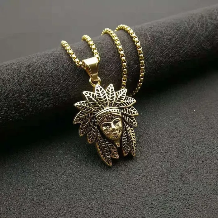 Wholesale Gold Plated Titanium Steel Indian Chief Pendant Necklace – Punk Vintage Jewelry Bulk Supplier Factory Price