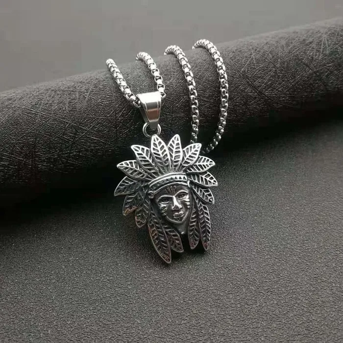 Wholesale Gold Plated Titanium Steel Indian Chief Pendant Necklace – Punk Vintage Jewelry Bulk Supplier Factory Price