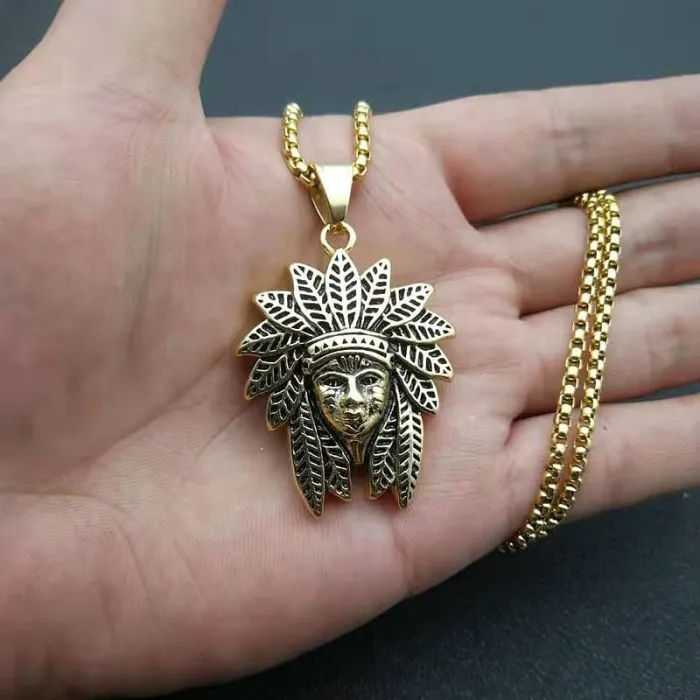 Wholesale Gold Plated Titanium Steel Indian Chief Pendant Necklace – Punk Vintage Jewelry Bulk Supplier Factory Price