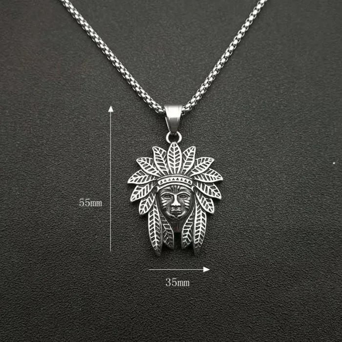 Wholesale Gold Plated Titanium Steel Indian Chief Pendant Necklace – Punk Vintage Jewelry Bulk Supplier Factory Price