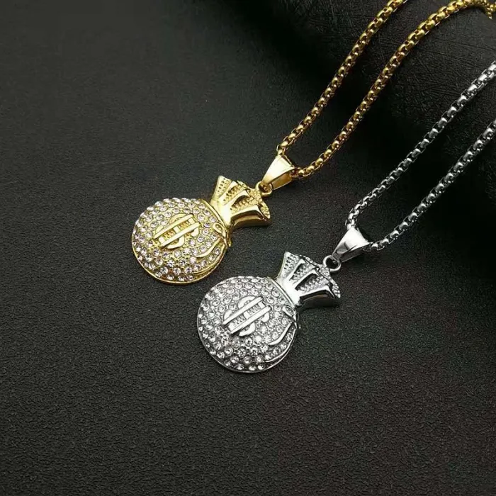 Wholesale Money Bag Pendant Necklace – Bulk Gold-Plated Stainless Steel Dollar Sign Hip Hop Jewelry with CZ at Factory Price