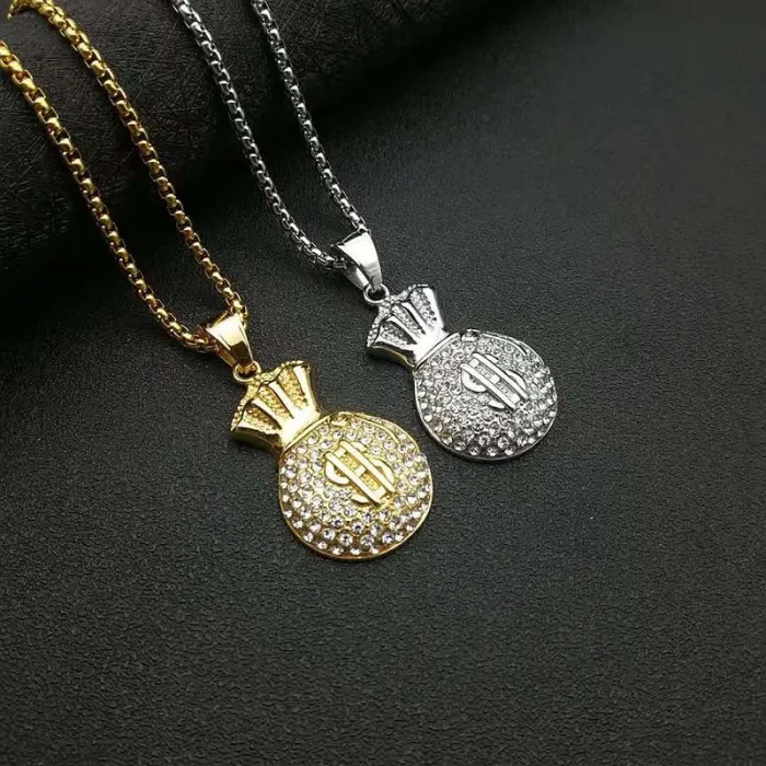 Wholesale Money Bag Pendant Necklace – Bulk Gold-Plated Stainless Steel Dollar Sign Hip Hop Jewelry with CZ at Factory Price