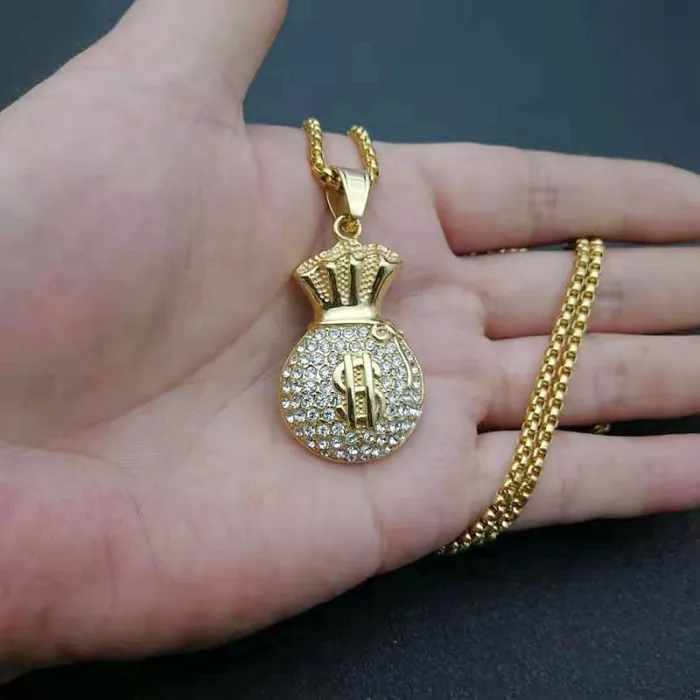 Wholesale Money Bag Pendant Necklace – Bulk Gold-Plated Stainless Steel Dollar Sign Hip Hop Jewelry with CZ at Factory Price
